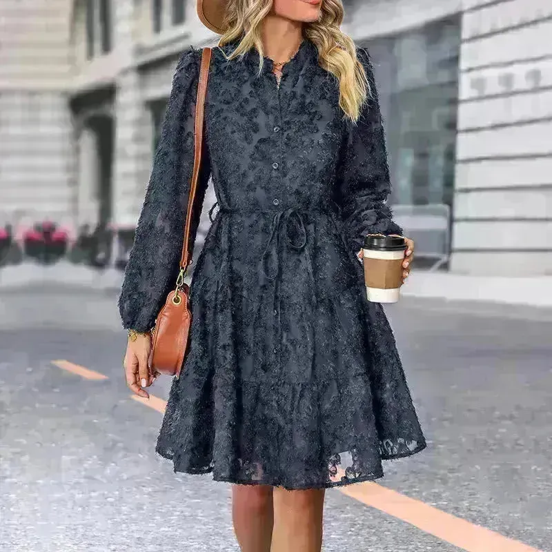 Lace Tied Long Sleeve Dress Fashion Midi Dresses Womens Clothing