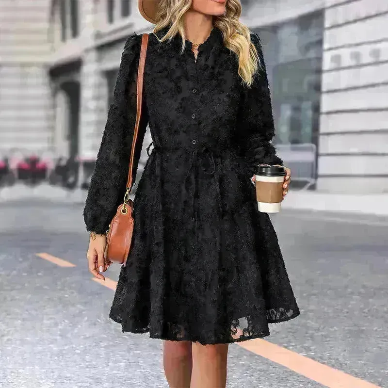 Lace Tied Long Sleeve Dress Fashion Midi Dresses Womens Clothing