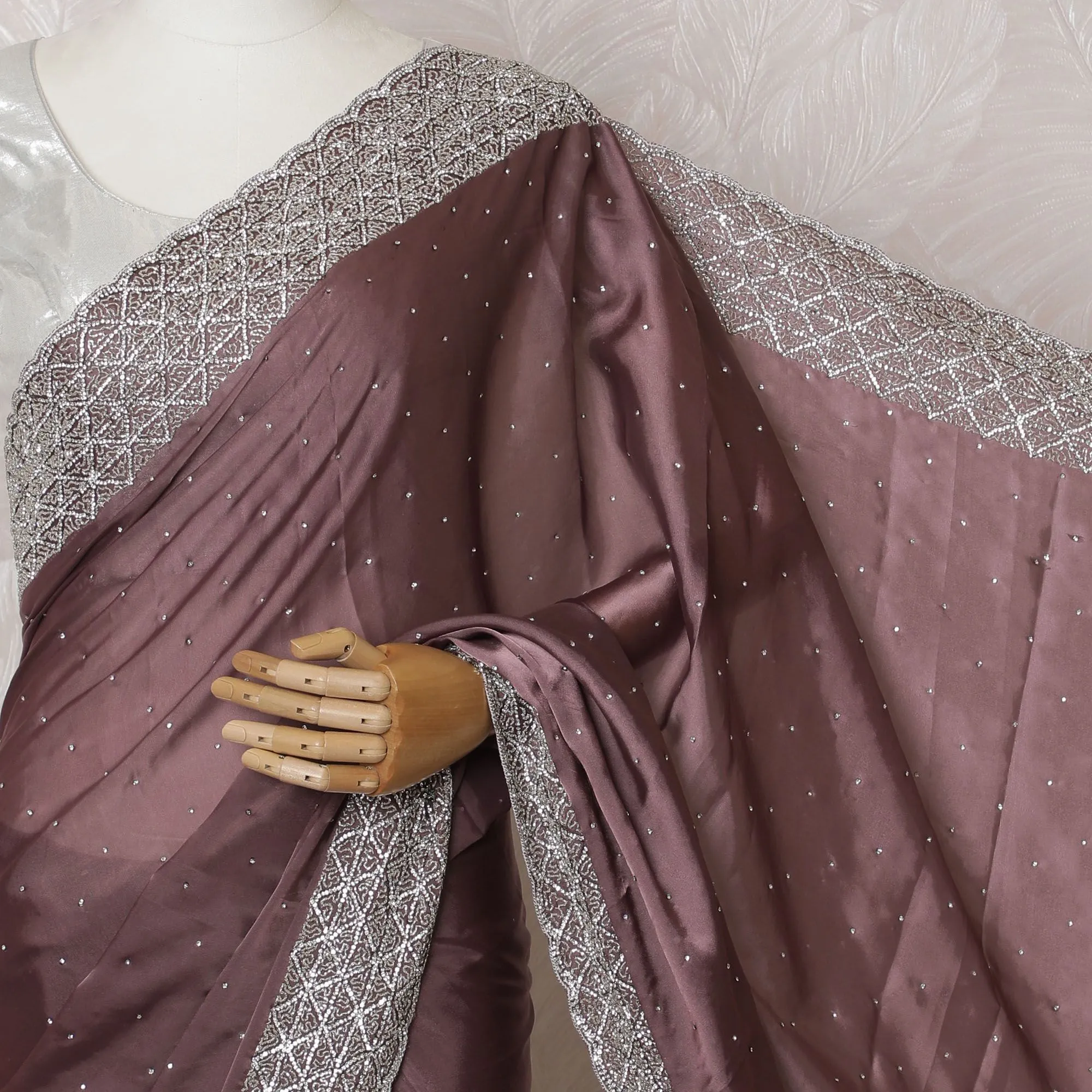 Mauve Mystique: Luxurious Synthetic Satin Saree with Silver Highlights-D17510