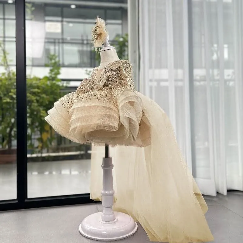 New baby dress long sleeve sequined fluffy tail party evening dress