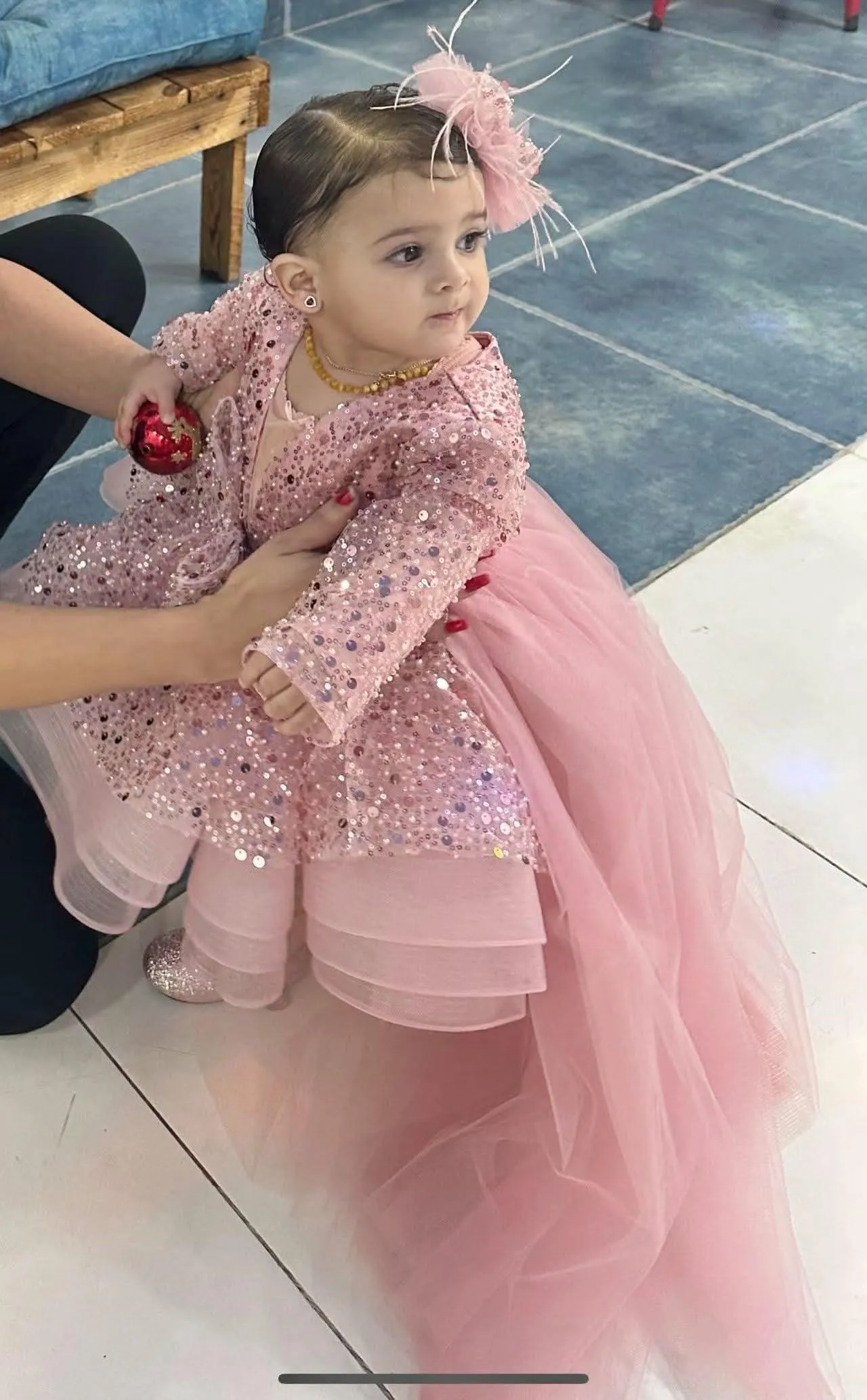 New baby dress long sleeve sequined fluffy tail party evening dress
