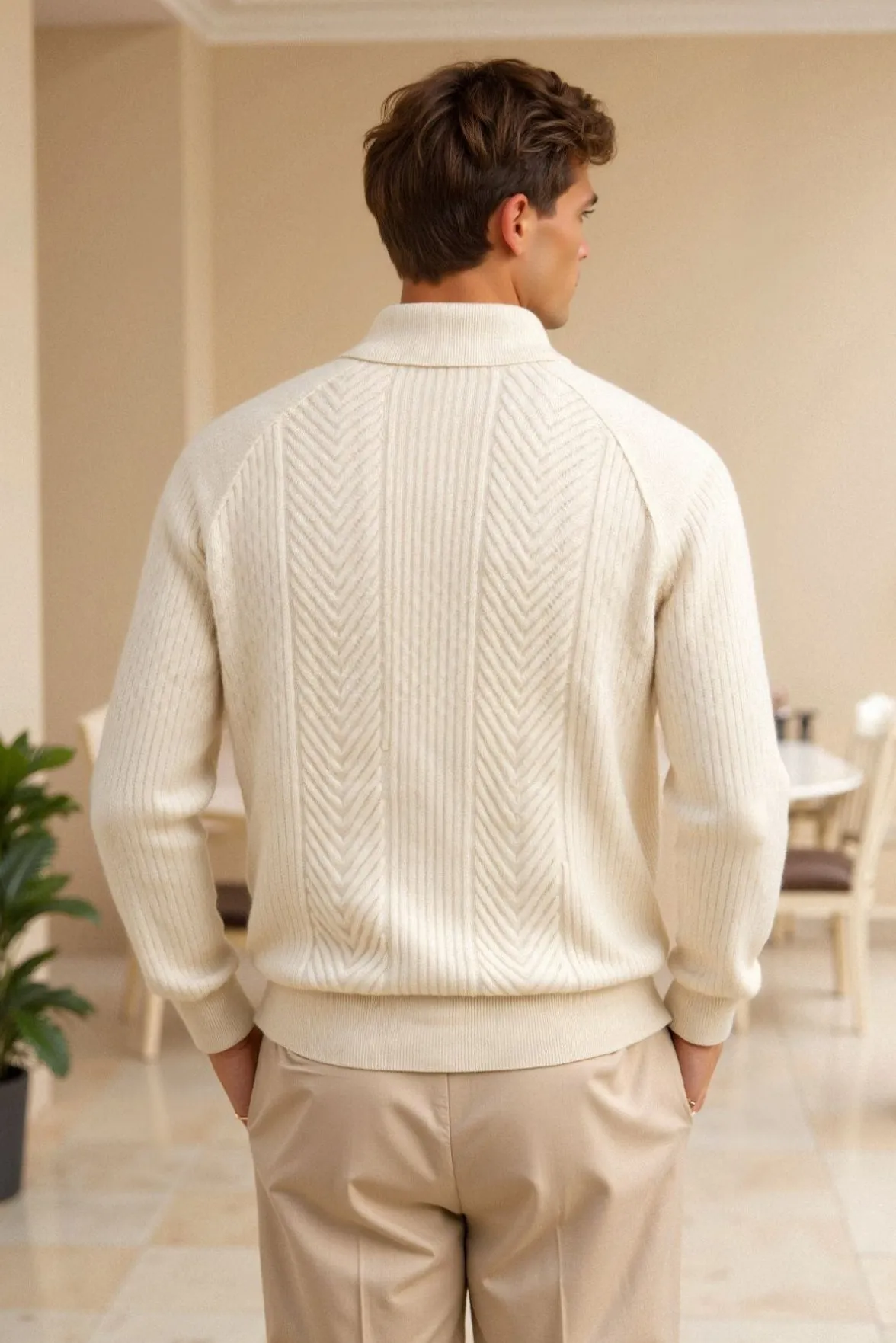 Old Money Men's Retro Solid Color Textured Knit Long Sleeve Golf Sweater