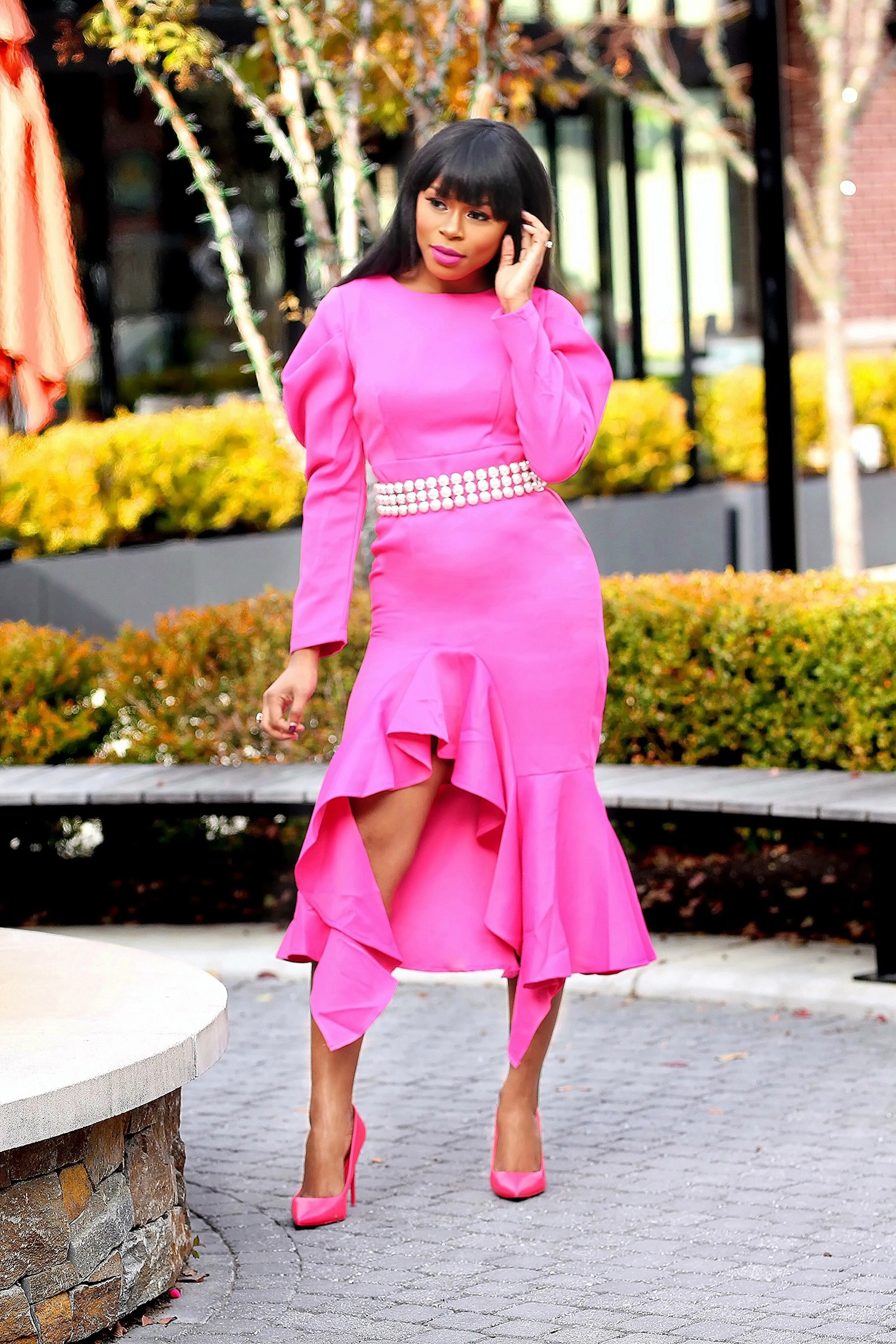 Pink Asymmetrical long Ruffle Dress