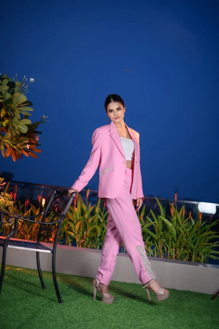 Pink Blazer Set With Lace