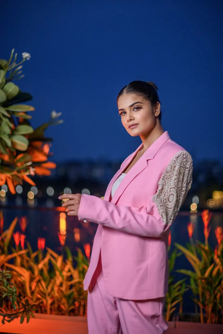 Pink Blazer Set With Lace