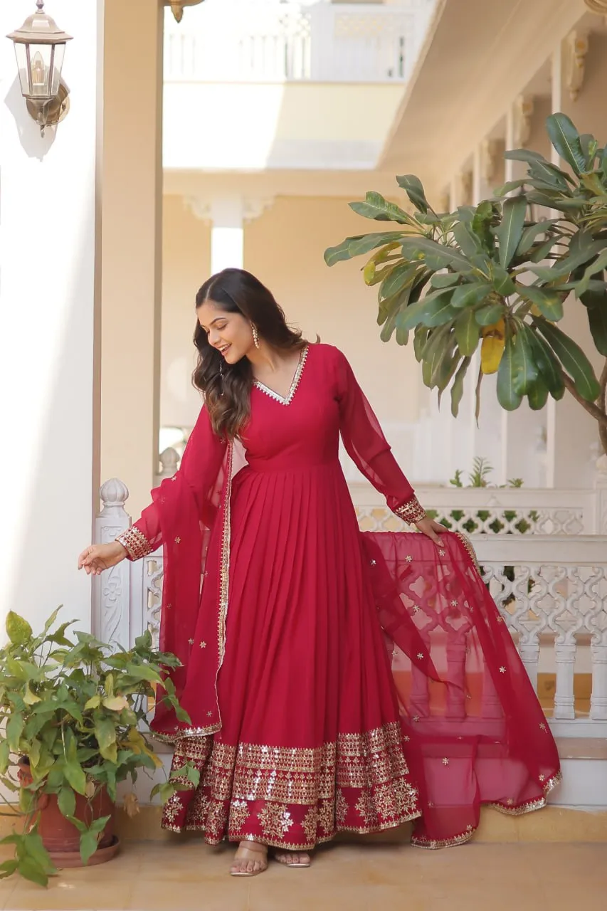 Pink Sparkling Faux Blooming Gown with Embroidered Sequins & Designer Lace Dupatta