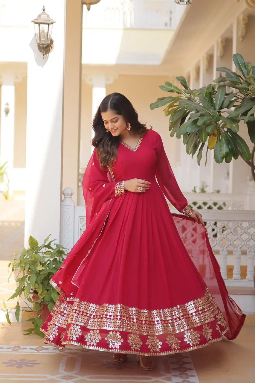Pink Sparkling Faux Blooming Gown with Embroidered Sequins & Designer Lace Dupatta