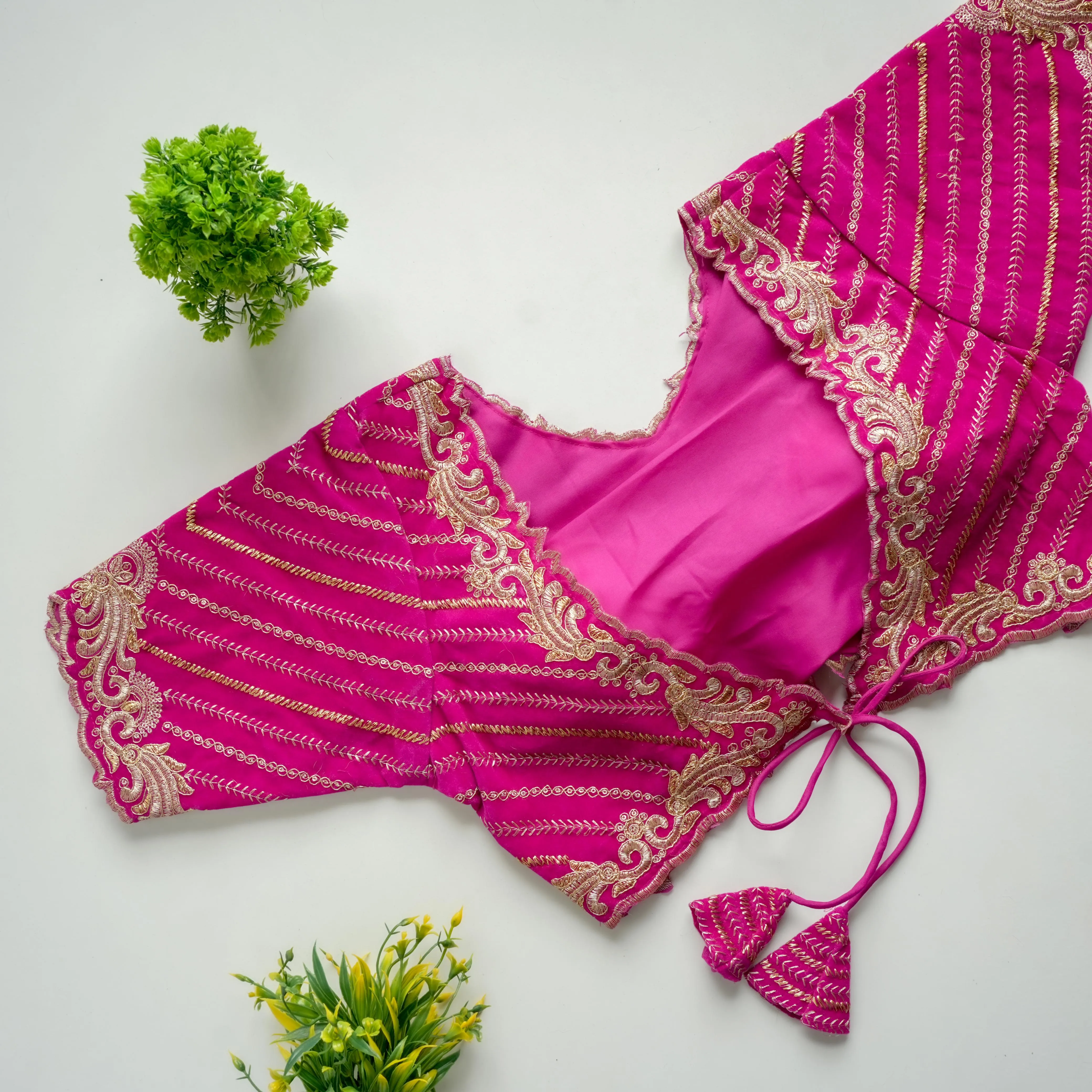 Pink Taffeta Silk Blouse with Golden Embroidery and Sequins