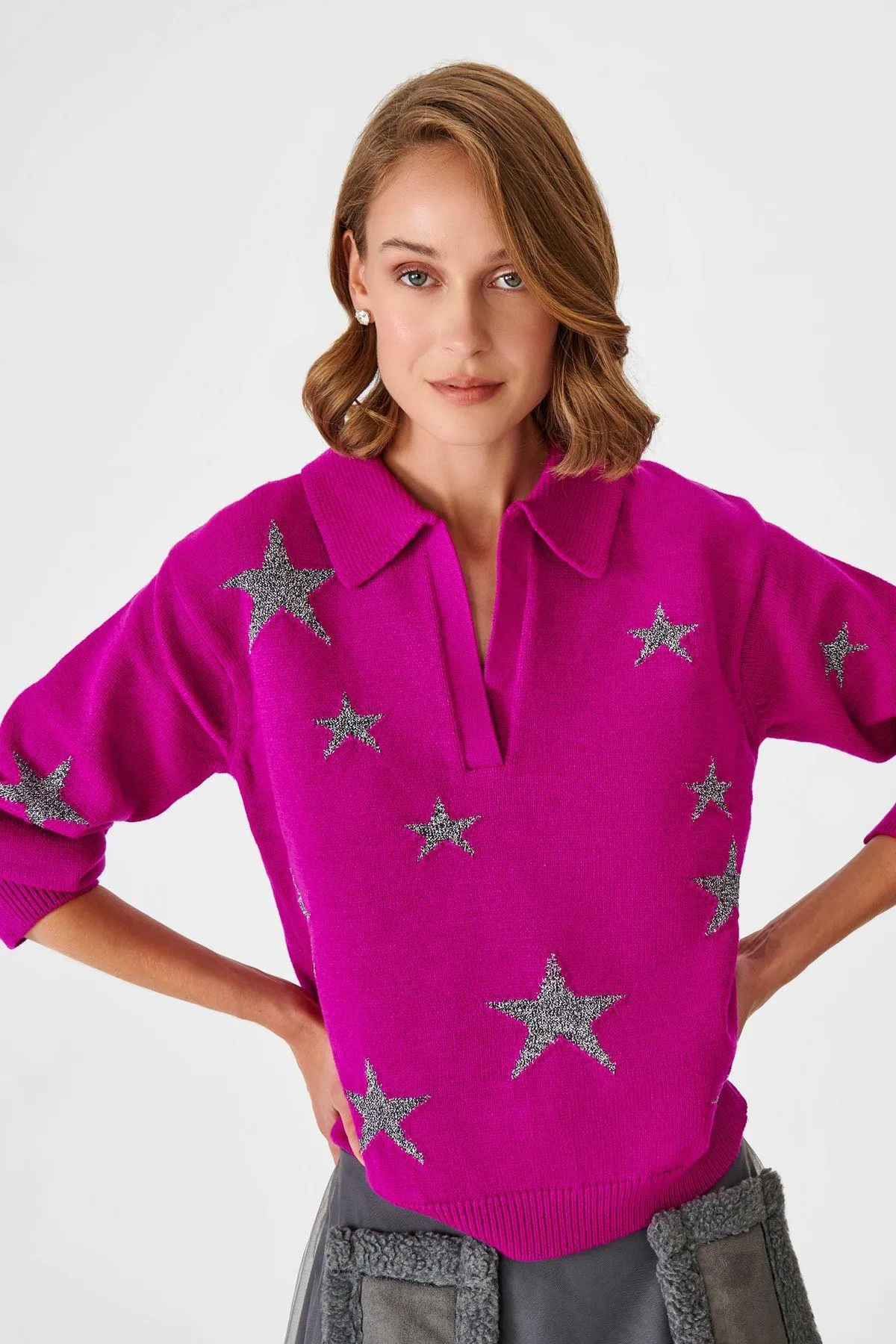 Polo Collar Pink Knitwear Sweater with Silver Star