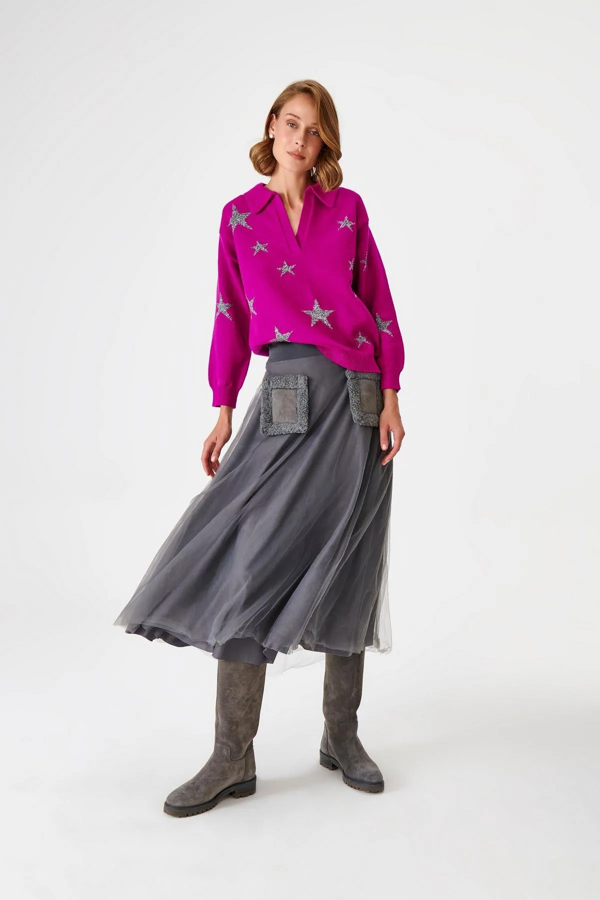 Polo Collar Pink Knitwear Sweater with Silver Star