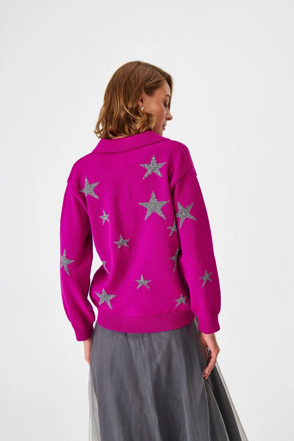 Polo Collar Pink Knitwear Sweater with Silver Star