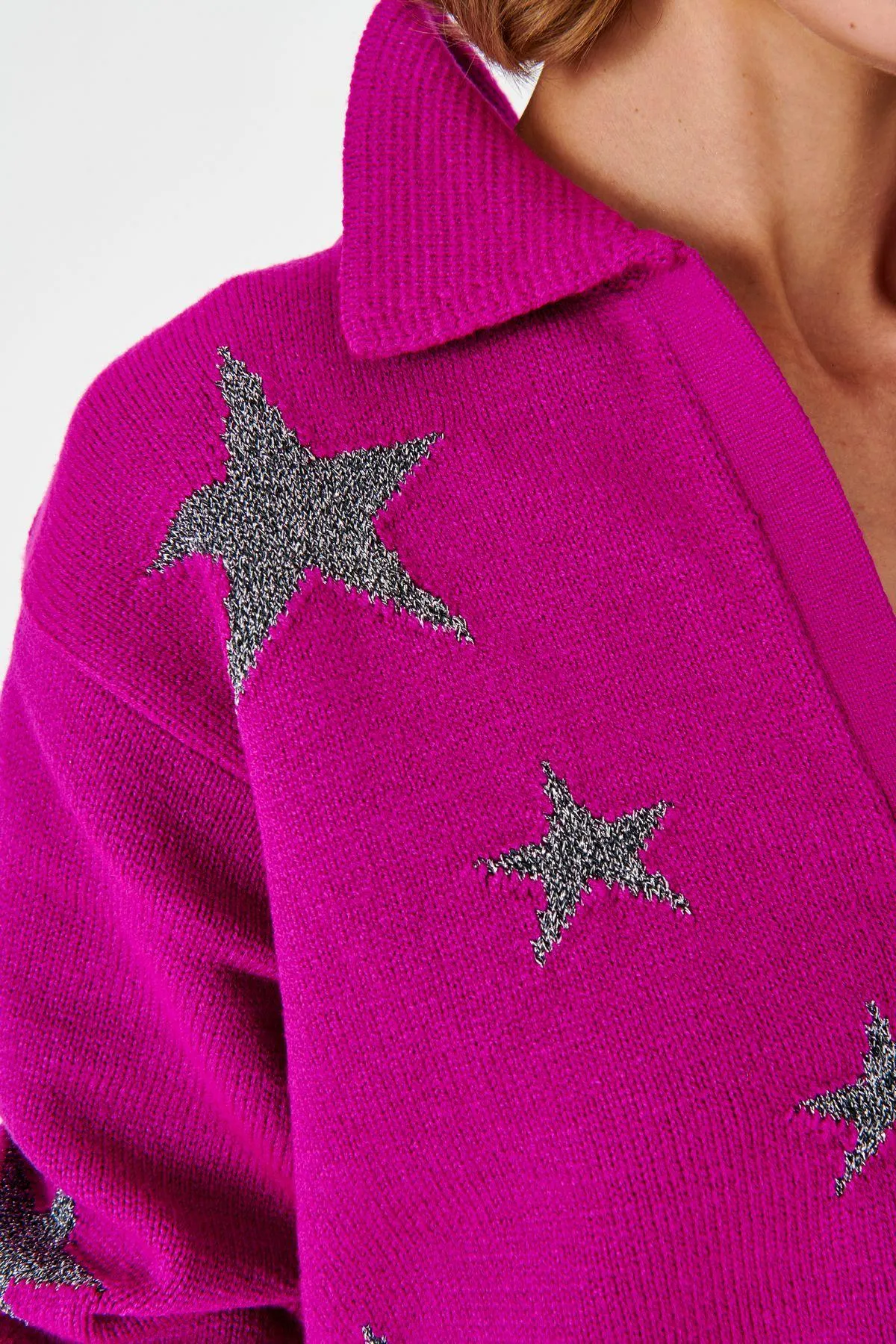 Polo Collar Pink Knitwear Sweater with Silver Star