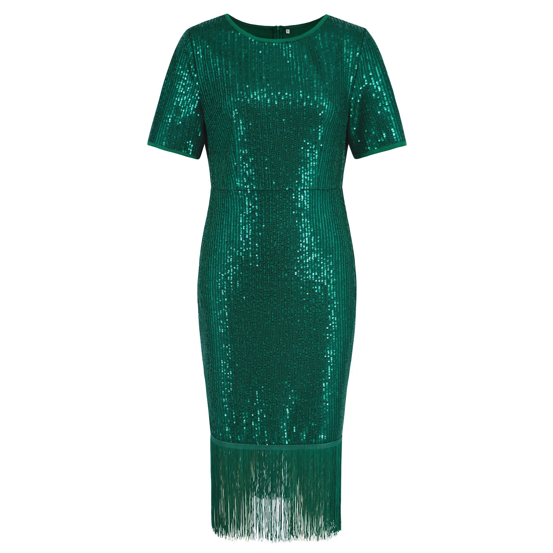 Round Neck Vintage Sequin Tassel Party Midi Dress