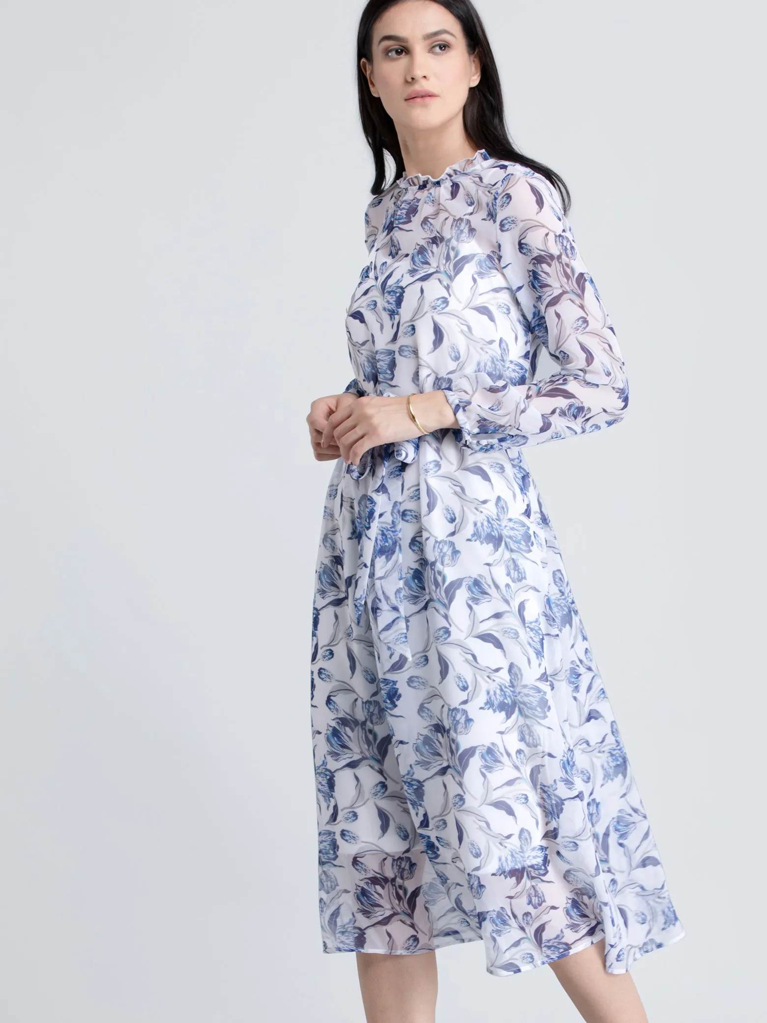 Ruffle Detail Floral Sheer Dress With Tie Up - Blue