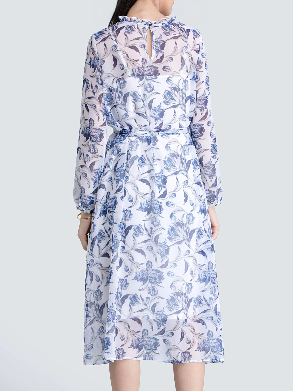 Ruffle Detail Floral Sheer Dress With Tie Up - Blue