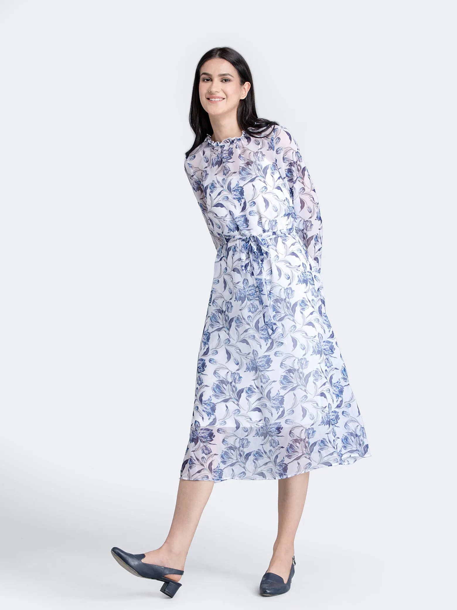 Ruffle Detail Floral Sheer Dress With Tie Up - Blue