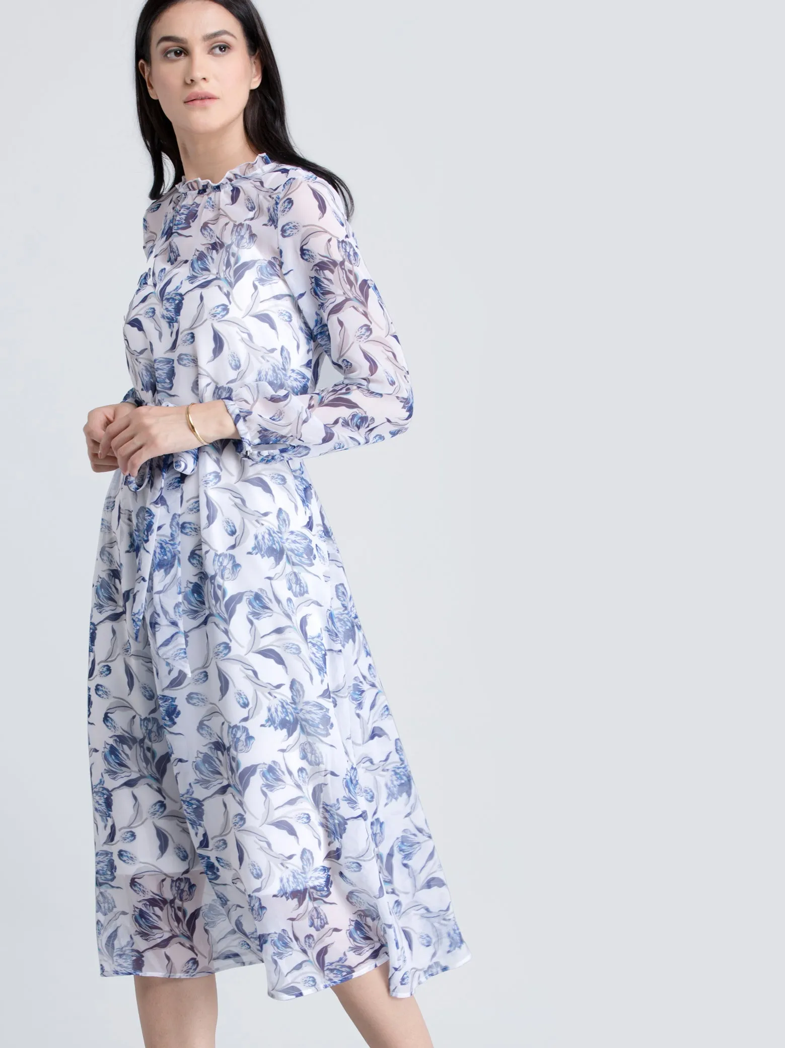 Ruffle Detail Floral Sheer Dress With Tie Up - Blue
