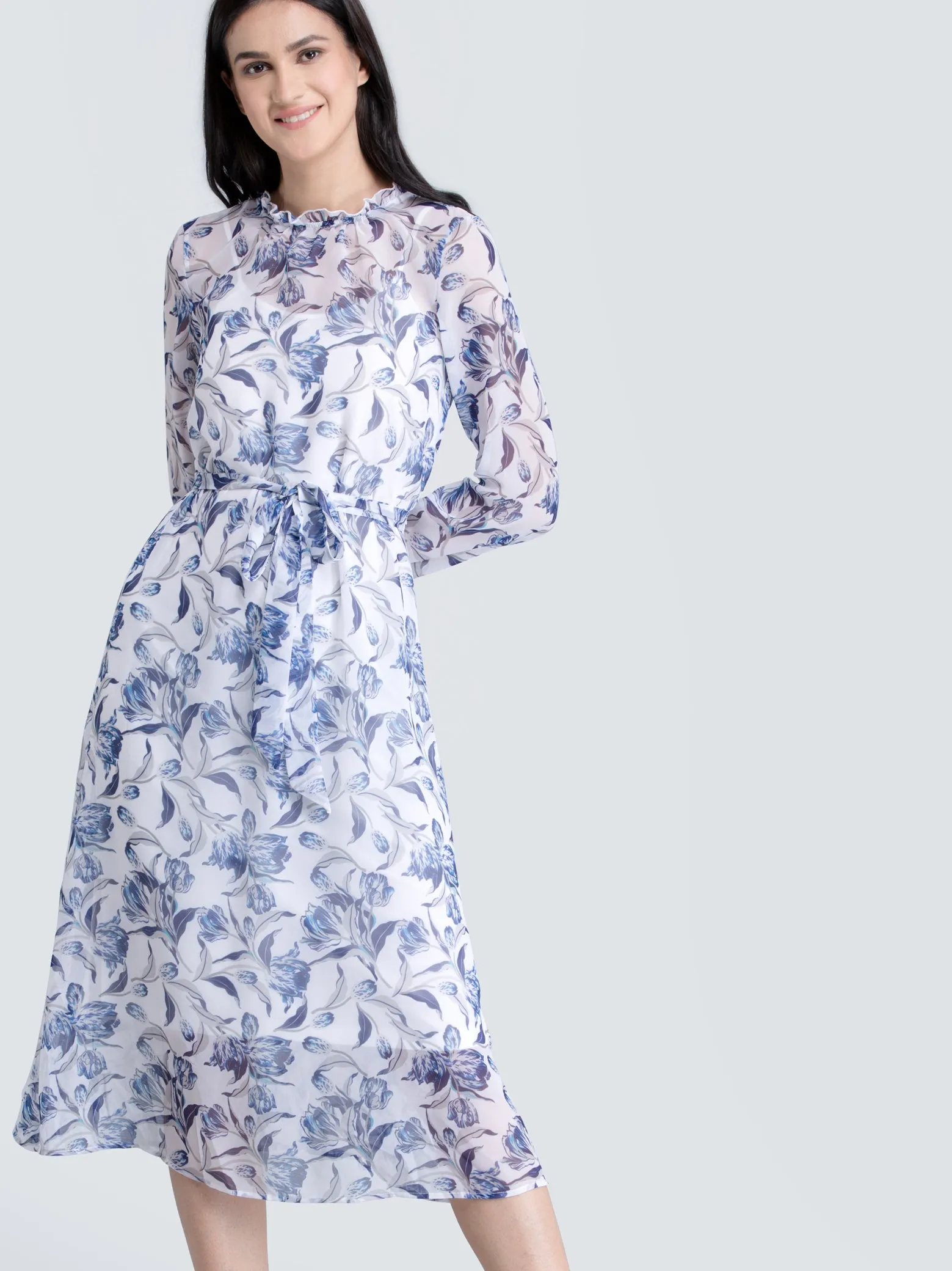 Ruffle Detail Floral Sheer Dress With Tie Up - Blue