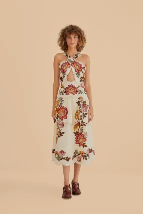 Sand Leopard Flowers Cut Out Midi Dress