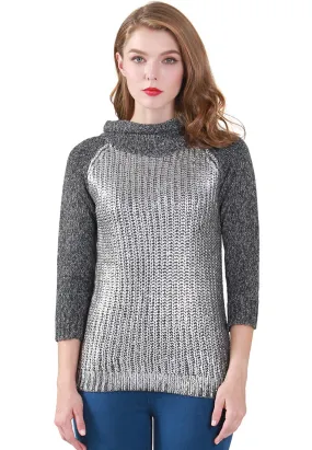 Silver Metallic Print Wide Turtle Neck Knit Sweater