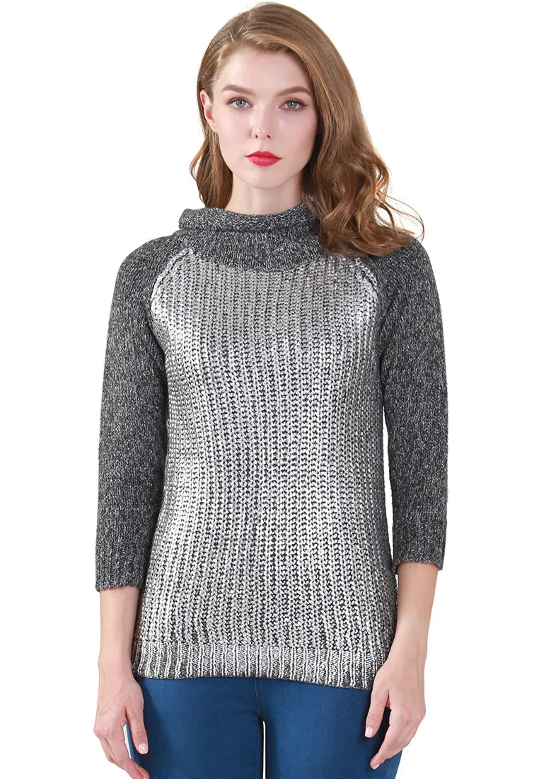 Silver Metallic Print Wide Turtle Neck Knit Sweater