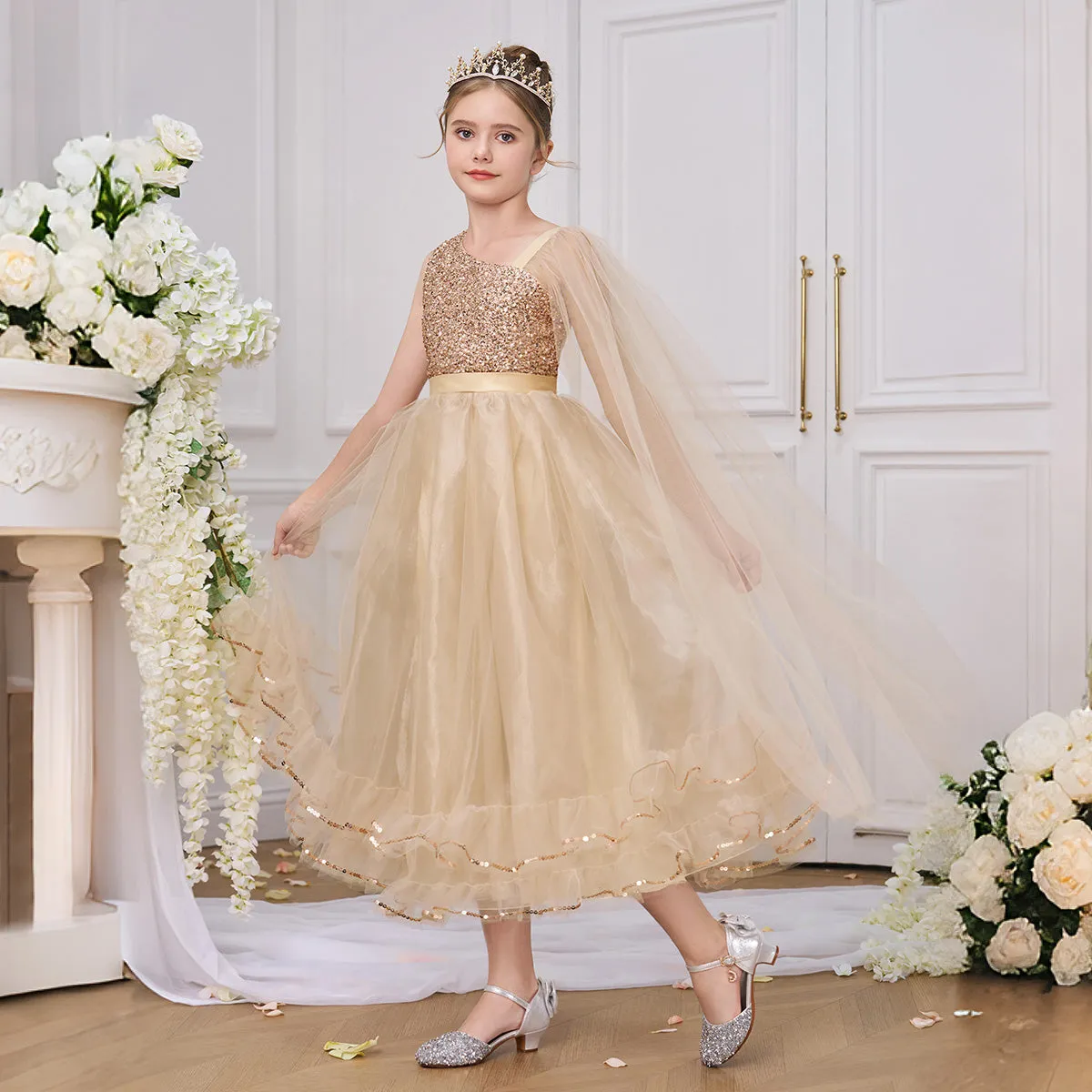 Sleeveless Ruffled Champagne Tulle Sequined Long Girl's Party Dress, Cape
