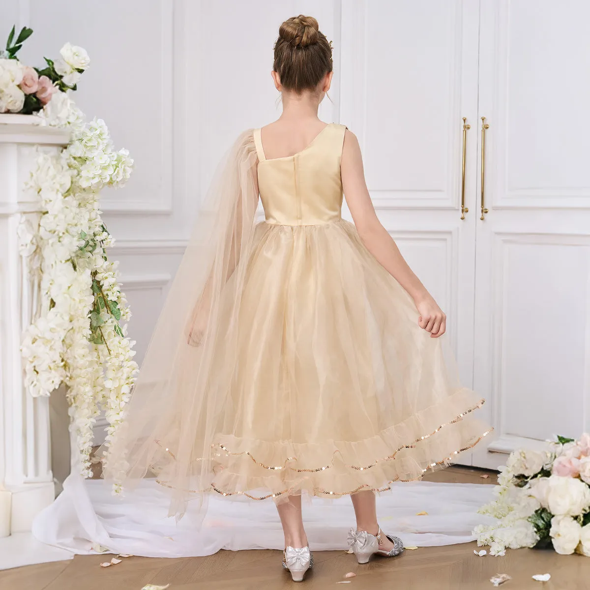 Sleeveless Ruffled Champagne Tulle Sequined Long Girl's Party Dress, Cape