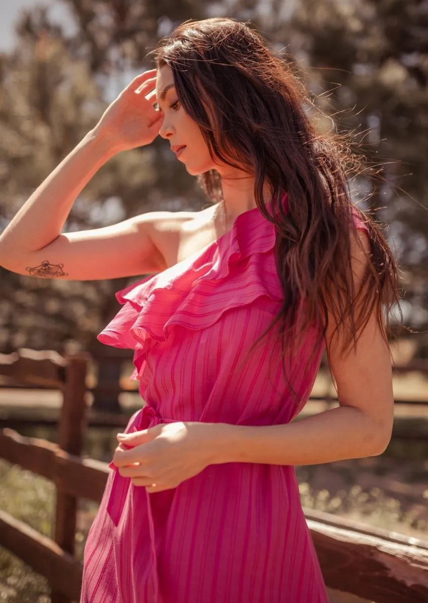 Sokha Banana Asymmetrical One Shoulder Midi Dress in Pink