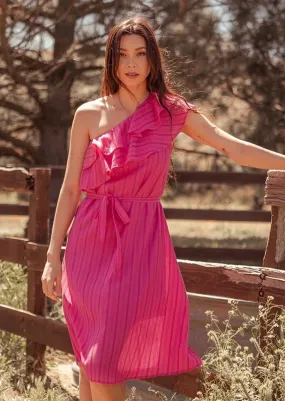 Sokha Banana Asymmetrical One Shoulder Midi Dress in Pink