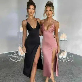 Spaghetti Strap Dress With Split Design Deep V-neck Sleeveless Backless Bodycon Satin  Evening Party Wedding Cocktail Dresses For Womens Clothing
