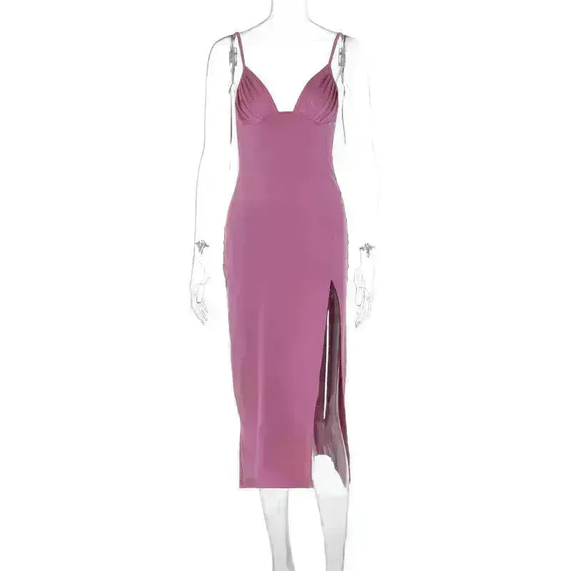 Spaghetti Strap Dress With Split Design Deep V-neck Sleeveless Backless Bodycon Satin  Evening Party Wedding Cocktail Dresses For Womens Clothing