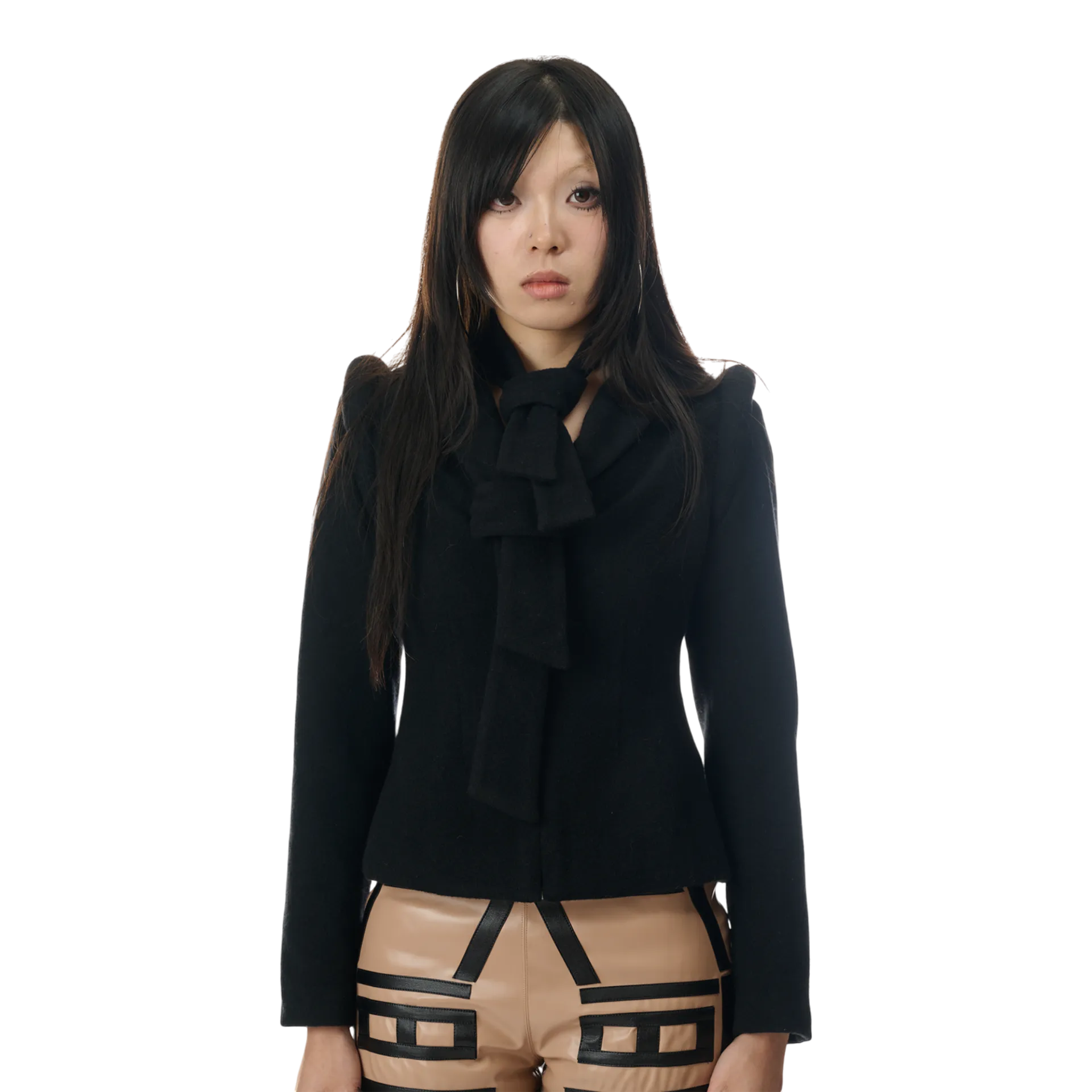 Tie Collar Power Shoulder Blazer in Black