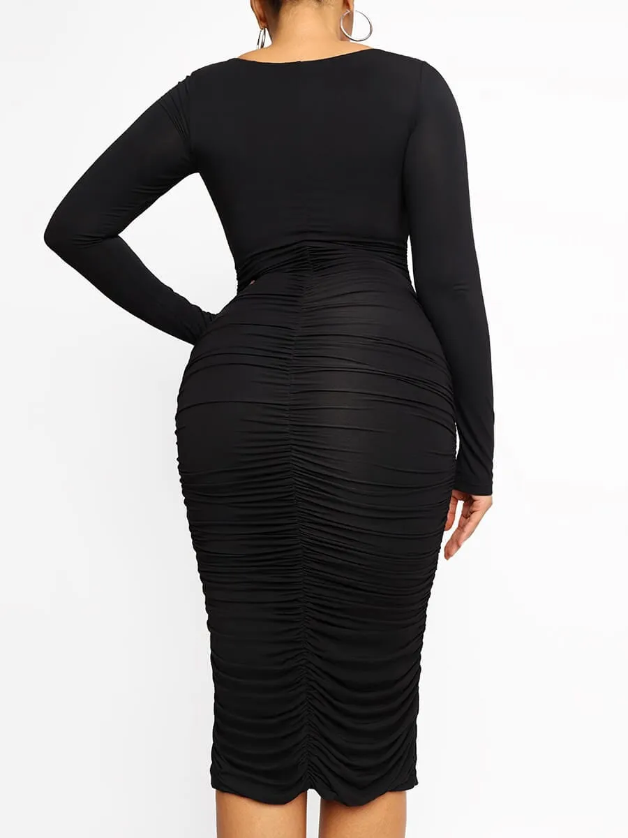 Wholesale Square-neck Long-sleeve Bodycon Bulit-in Shapewear Dress