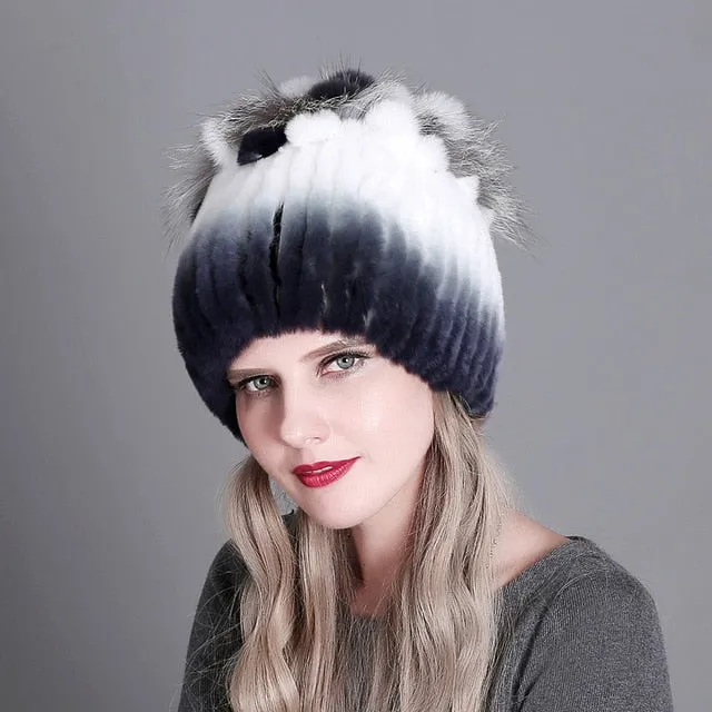 Women fur hat for winter natural rex rabbit fox fur cap russian female