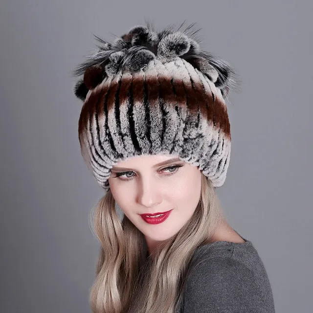 Women fur hat for winter natural rex rabbit fox fur cap russian female
