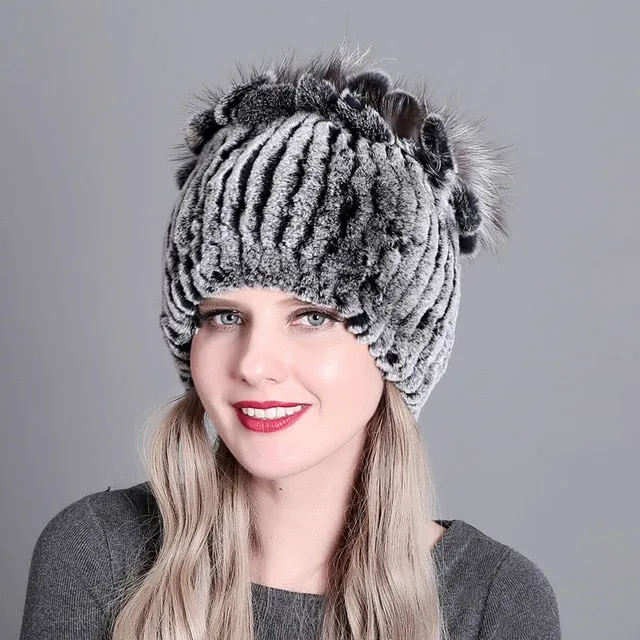 Women fur hat for winter natural rex rabbit fox fur cap russian female
