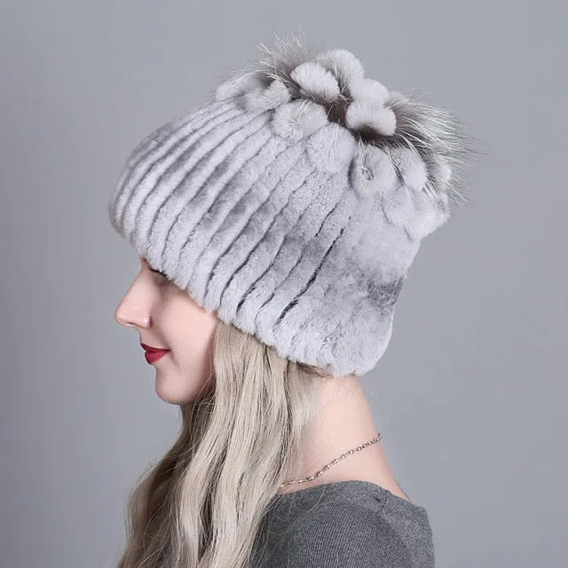 Women fur hat for winter natural rex rabbit fox fur cap russian female