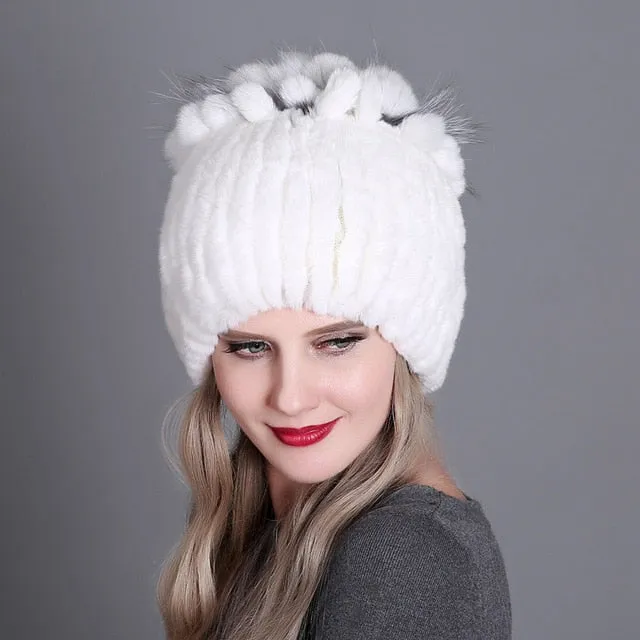 Women fur hat for winter natural rex rabbit fox fur cap russian female