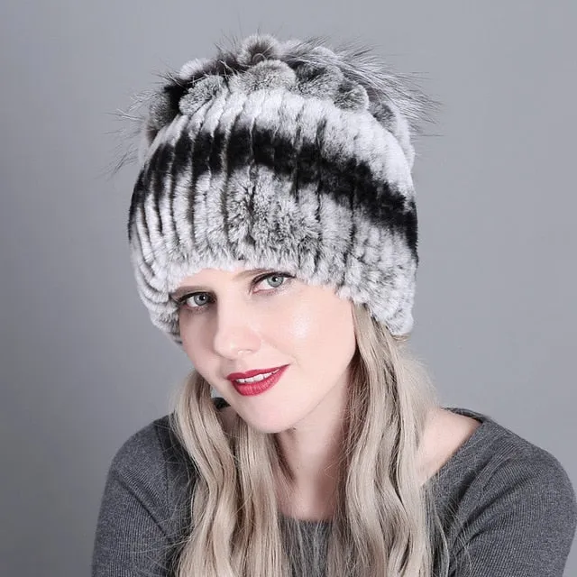 Women fur hat for winter natural rex rabbit fox fur cap russian female
