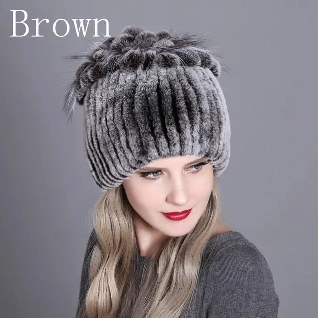 Women fur hat for winter natural rex rabbit fox fur cap russian female