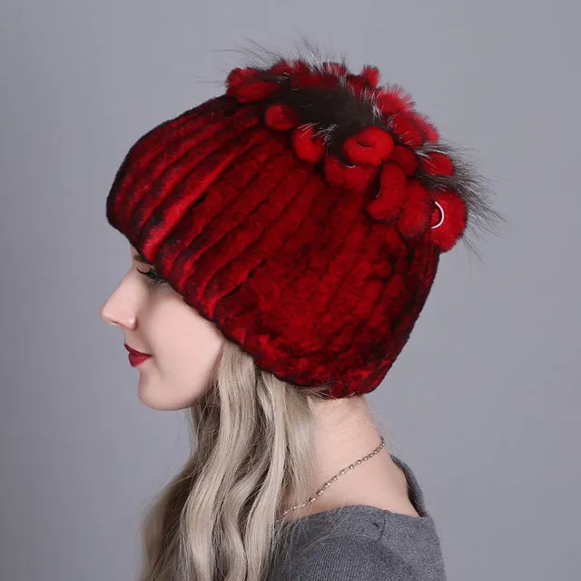 Women fur hat for winter natural rex rabbit fox fur cap russian female