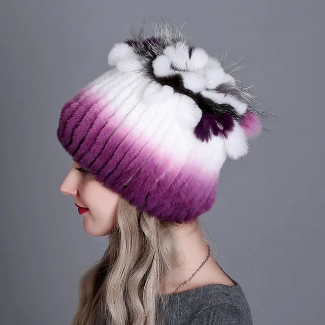 Women fur hat for winter natural rex rabbit fox fur cap russian female