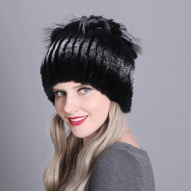 Women fur hat for winter natural rex rabbit fox fur cap russian female