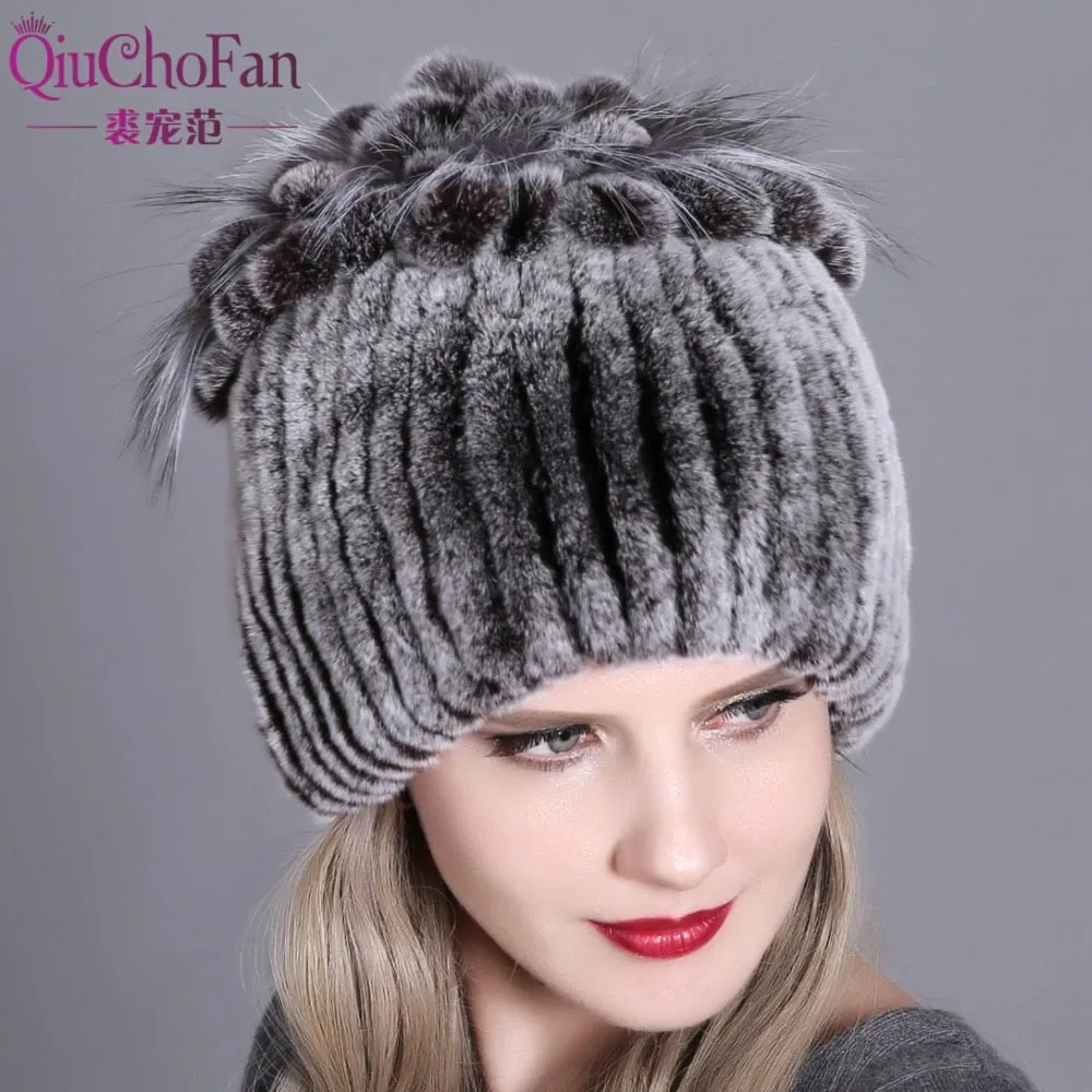 Women fur hat for winter natural rex rabbit fox fur cap russian female