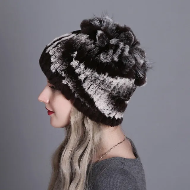 Women fur hat for winter natural rex rabbit fox fur cap russian female