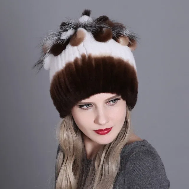 Women fur hat for winter natural rex rabbit fox fur cap russian female