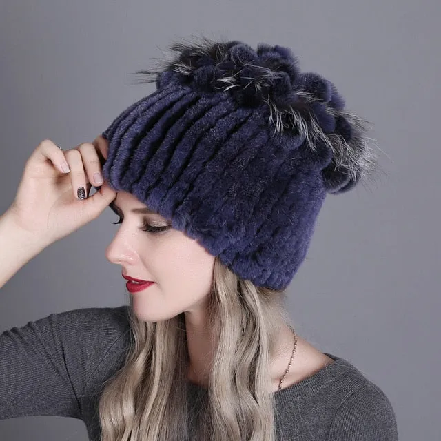Women fur hat for winter natural rex rabbit fox fur cap russian female