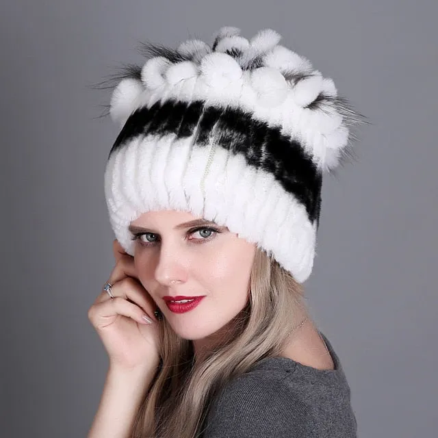 Women fur hat for winter natural rex rabbit fox fur cap russian female