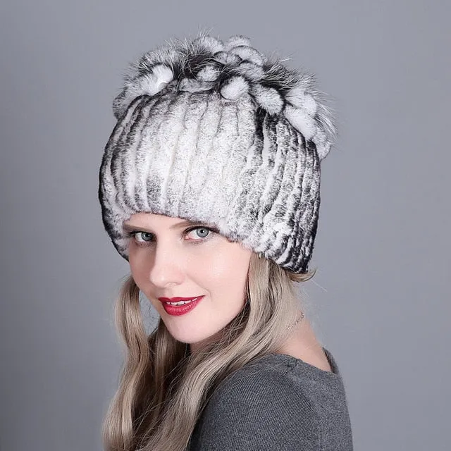 Women fur hat for winter natural rex rabbit fox fur cap russian female