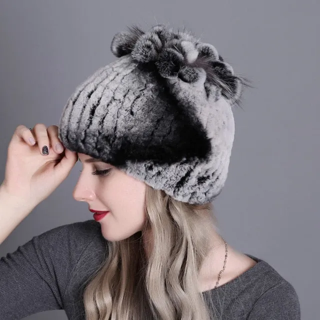 Women fur hat for winter natural rex rabbit fox fur cap russian female